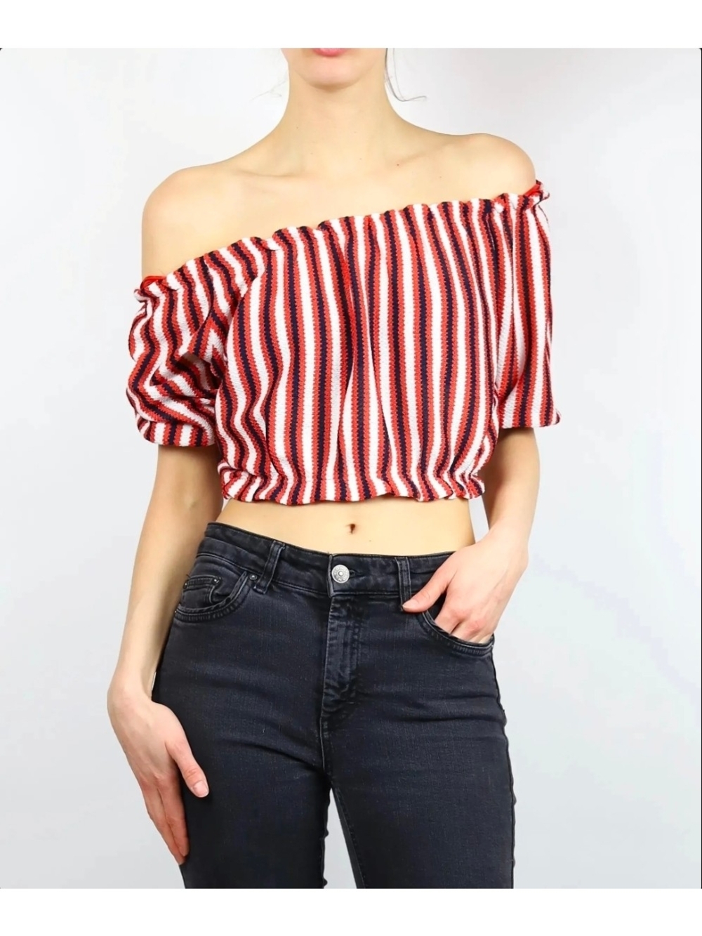 Pull&Bear - Orange, White & Navy Striped Off‑Shoulder Crochet Style Crop Top
